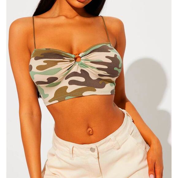 NWT Fashion Nova XL Green Camo Print Tank Crop Top Keyhole Bralette Ruched - Picture 1 of 4